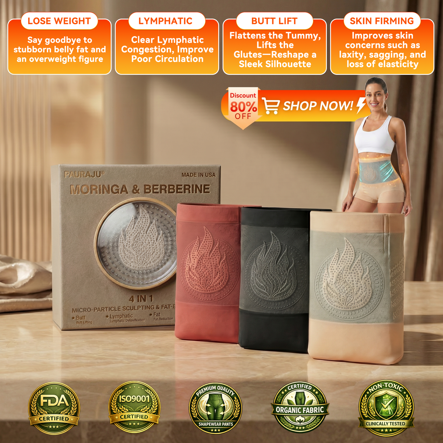 Oficiální značkový e-shop |🔥 Formující šortky na spalování tuků PAURAJU® 2026 Moringa & Berberine 4v1 s mikročásticemi