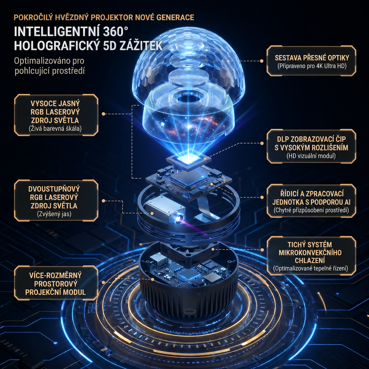 ✨🎁𝑺𝑪𝑵𝑫𝑹® 360° Inteligentní holografický projektor hvězdné oblohy (HD inteligentní dynamický 5D)
