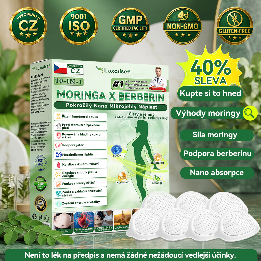 Oficiální obchod  |𝗟𝘂𝘅𝗮𝗿𝗶𝘀𝗲® MORINGA X BERBERIN  10-IN-1 Pokročilý Nano Mikrojehly Náplast(Jedna náplast denně, viditelné změny již za 7 dní) ✅ Pomáhá při obezitě, cukrovce, spánkové apnoe, problémech s klouby a dalších potížích🎉